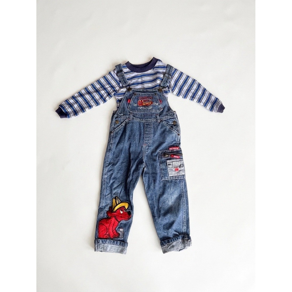 Vintage Kids Clifford The Big Red Dog Denim Jean Overalls & Shirt 4T 90s Y2K
